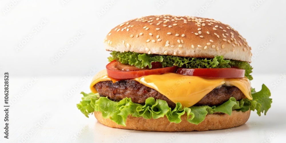 A close-up shot of a freshly made burger with a juicy patty, melted cheese, lettuce, and tomato, showcasing its delicious and inviting appearance A close-up shot of a freshly made burger with a juicy patty, melted cheese, lettuce, and tomato, showcasing its delicious and inviting appearance