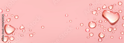 Pink pastel background with water droplets frame. Realistic 3d vector illustration of horizontal bg with oil or gel drops on glass window surface. clean rain or condensation splash and puddle border.