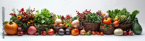 Vibrant harvest display featuring assorted vegetables and greens arranged in woven baskets, highlighting the bounty of a seasonal garden or farmers market.