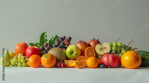 Artistic arrangement of fruits against a clean and minimalist studio background