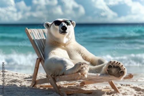 A chill polar bear kicking back in a deck chair on the beach, sunglasses on.