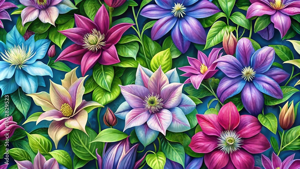 Fototapeta premium Lush, vibrant clematis blooms intertwine in a captivating floral pattern.