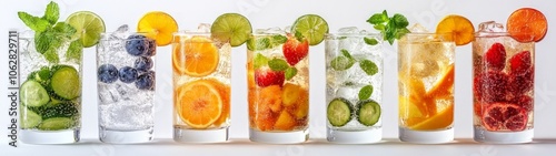 Refreshing colorful fruit-infused beverages, featuring cucumber, blueberry, orange, strawberry, and mint, sparkling bubbles in clear glasses, inviting summer vibes.