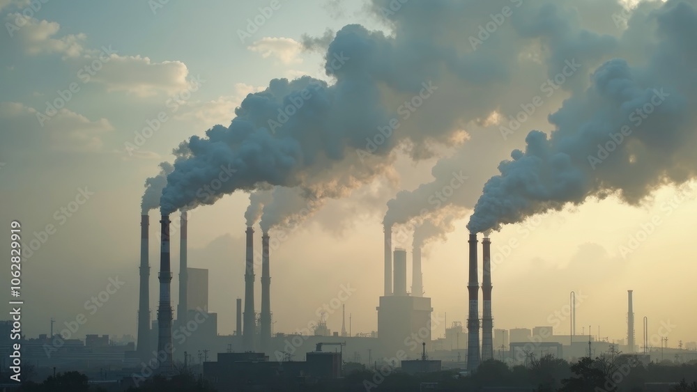 Industrial smoke stacks releasing pollution into the atmosphere at dawn Industrial smoke stacks releasing pollution into the atmosphere at dawn