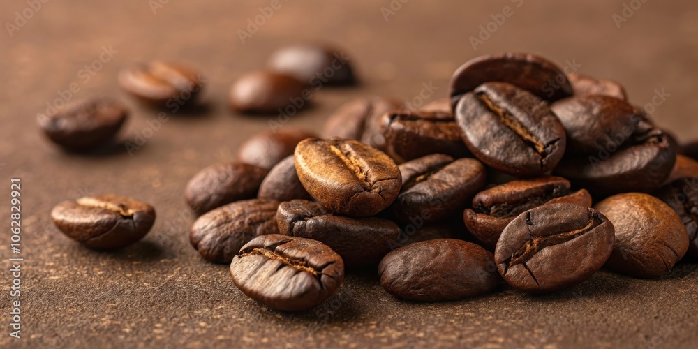 Naklejka premium Close-up of roasted coffee beans on a brown surface, showcasing their rich, dark brown color and intricate textures.