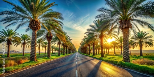 Lush date palms line the desert highway, creating a tranquil oasis.