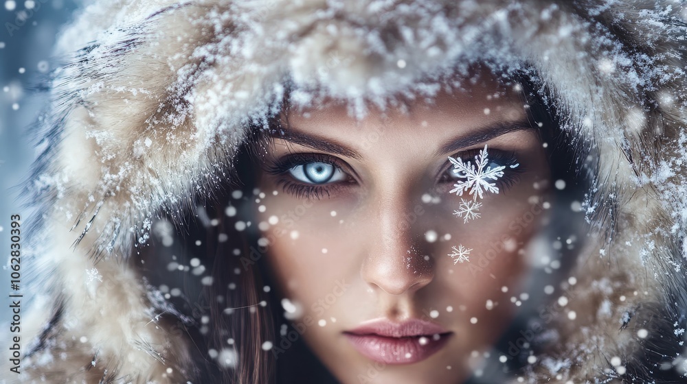 Enigmatic Snow Queen with Fur-lined Hood and Hypnotic Gaze in Winter Wonderland Enigmatic Snow Queen with Fur-lined Hood and Hypnotic Gaze in Winter Wonderland