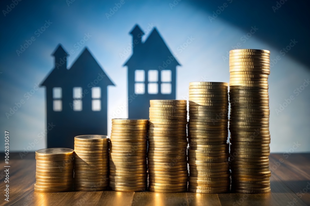 coin stack cast shadow of house. Real estate investment coin stack cast shadow of house. Real estate investment