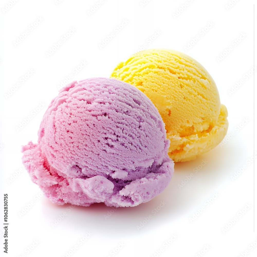 Two scoops of ice cream, one pink and one yellow, isolated on a white background. Two scoops of ice cream, one pink and one yellow, isolated on a white background.