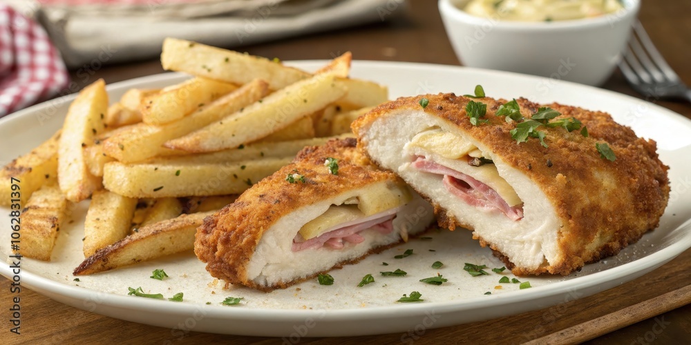 Crispy Chicken Cutlet Stuffed with Ham, Cheese, and Apple Slices Served with Golden French Fries Crispy Chicken Cutlet Stuffed with Ham, Cheese, and Apple Slices Served with Golden French Fries