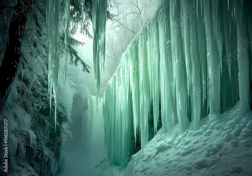  A photo of an ice wall in the forest, covered with greenish icicles hanging from it, in a misty atmosphere.