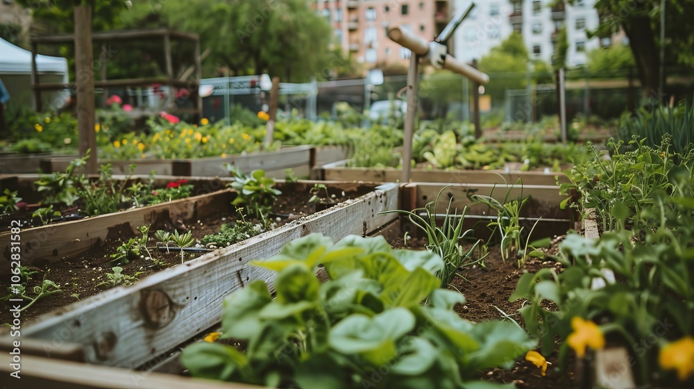 Close-up of a thriving community garden with raised beds and flourishing plants Close-up of a thriving community garden with raised beds and flourishing plants