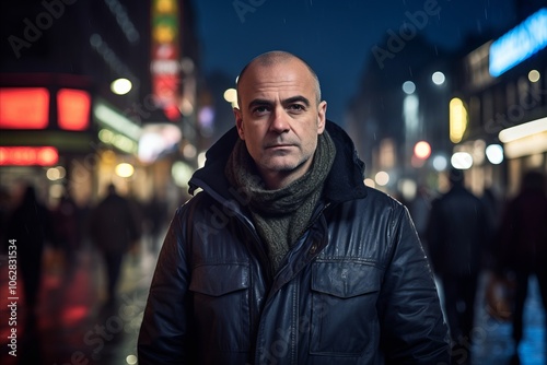 Portrait of a bald man in a city street at night.