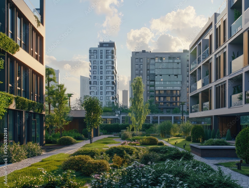 Modern apartment buildings in a green residential area in the city. Modern apartment buildings in a green residential area in the city.