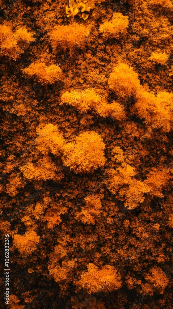 A close-up view of vibrant orange moss or lichen on a surface. A close-up view of vibrant orange moss or lichen on a surface.