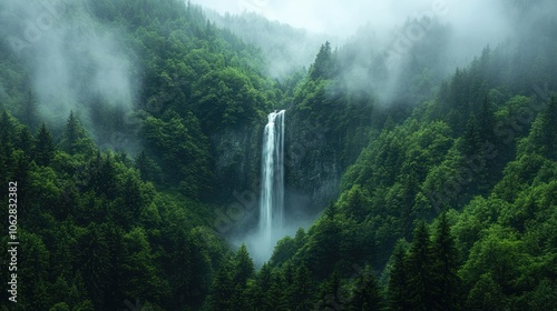 Lush green landscape featuring a majestic waterfall in misty forest.