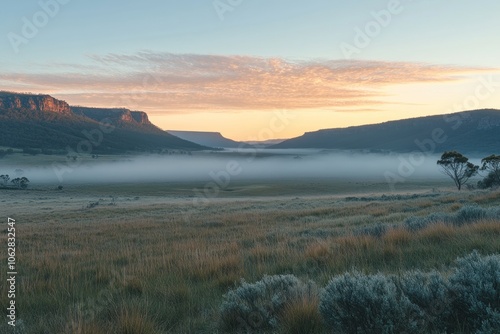 Foggy Valley at Sunrise with Mountain Cliffs