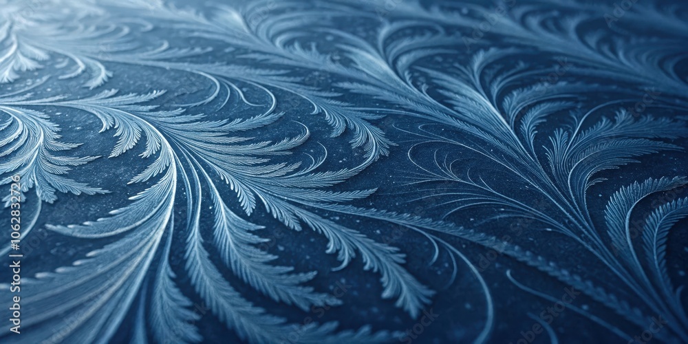 A delicate pattern of frost forms intricate white lines on a dark blue surface, creating a mesmerizing wintery display.