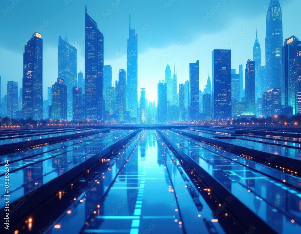 A conceptual illustration of a modern skyline with advanced architectural designs in shades of blue, depicting a visionary, high-tech urban landscape A conceptual illustration of a modern skyline with advanced architectural designs in shades of blue, depicting a visionary, high-tech urban landscape
