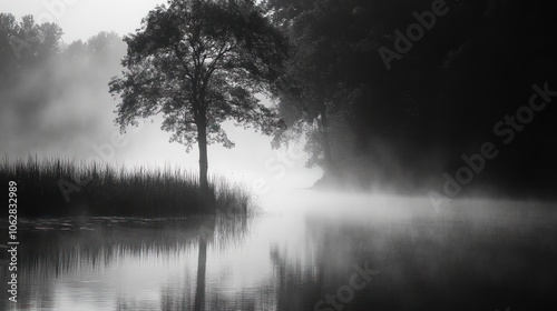Fototapeta Naklejka Na Ścianę i Meble -  Foggy Morning Landscape with a Solitary Tree and Its Reflection in a Still Lake