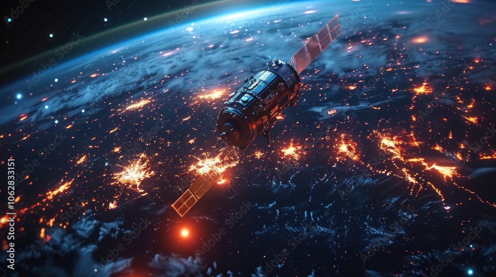 Satellite orbiting Earth at Night Satellite orbiting Earth at Night