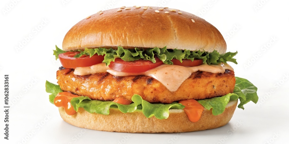 A succulent grilled salmon patty, nestled in a soft bun, layered with crisp lettuce, juicy tomato slices, and a creamy, tangy sauce A succulent grilled salmon patty, nestled in a soft bun, layered with crisp lettuce, juicy tomato slices, and a creamy, tangy sauce