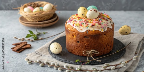 Festive Easter Bread with Glazed Topping and Colorful Eggs Nestled in a Rustic Setting