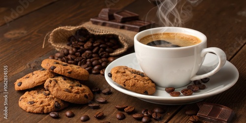 A steaming cup of coffee, accompanied by chocolate chips cookies and dark chocolate on a rustic wooden table