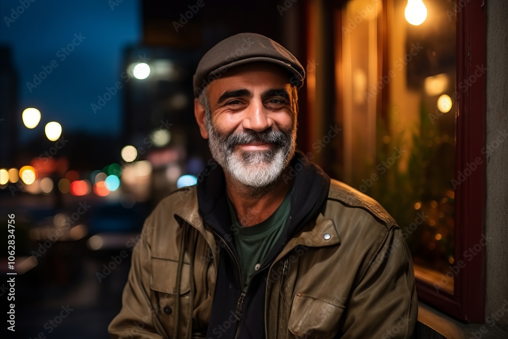 Portrait of a happy senior man with beard and cap in the city at night Portrait of a happy senior man with beard and cap in the city at night