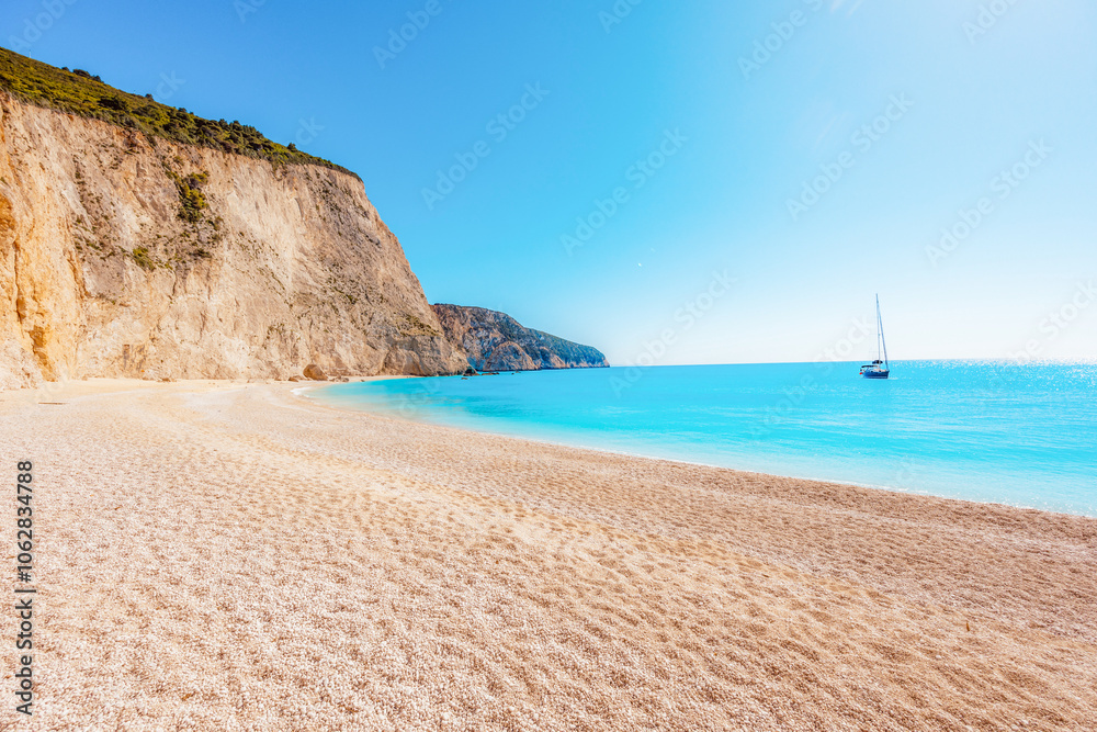 Beach of Port Katsiki with turquoise shining ocean on the island of Lefkada, Ionian Sea, Greece Beach of Port Katsiki with turquoise shining ocean on the island of Lefkada, Ionian Sea, Greece