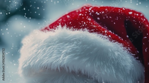 Close-up of the fluffy brim of a Santa cap on a white background. photo