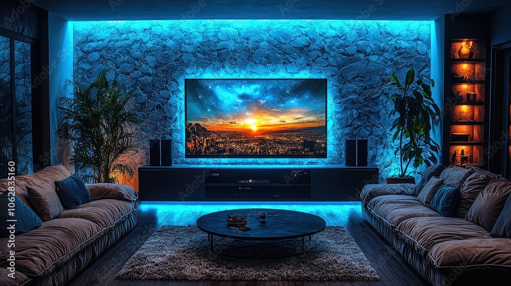 The living room is warmly lit with blue ambient lights, showcasing a colorful sunset on the television. The cozy furniture invites relaxation and entertainment The living room is warmly lit with blue ambient lights, showcasing a colorful sunset on the television. The cozy furniture invites relaxation and entertainment