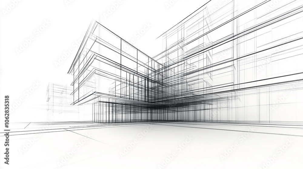Sketch design and drafting of wireframe building. 3d illustration, Digital project visualization. Abstract black and white architectural sketch of a high-tech research facility with laboratories and
Sketch design and drafting of wireframe building. 3d illustration, Digital project visualization. Abstract black and white architectural sketch of a high-tech research facility with laboratories and