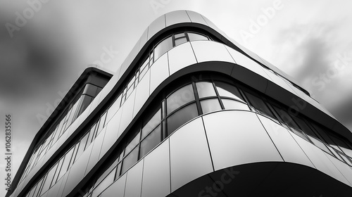 A white and grey building with a large open courtyard Modern architectural structure characterized by its curved and angular design, featuring a monochromatic color scheme and a combination of glass 
