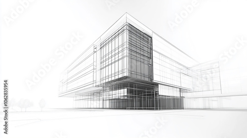 Modern architectural design of a sleek glass office building, emphasizing futuristic lines and contemporary urban aesthetics. Detailed architectural drawing with annotations and measurements.

