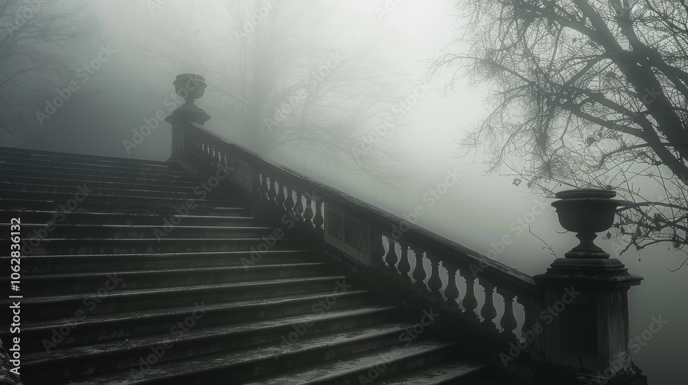Obraz premium Staircase disappearing into mist, creating an ethereal atmosphere