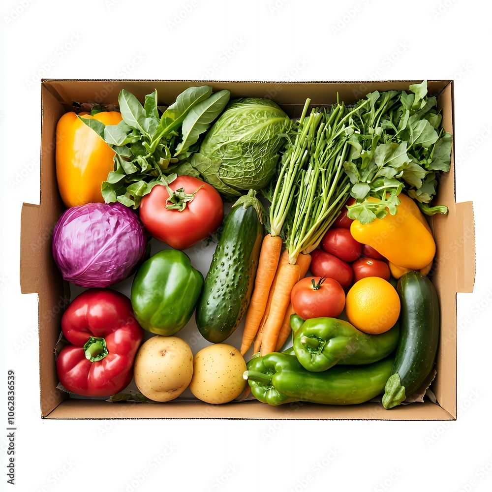 A box full of fresh vegetables, including cabbage, peppers, tomatoes, carrots, zucchini, cucumbers, potatoes, and greens. A box full of fresh vegetables, including cabbage, peppers, tomatoes, carrots, zucchini, cucumbers, potatoes, and greens.