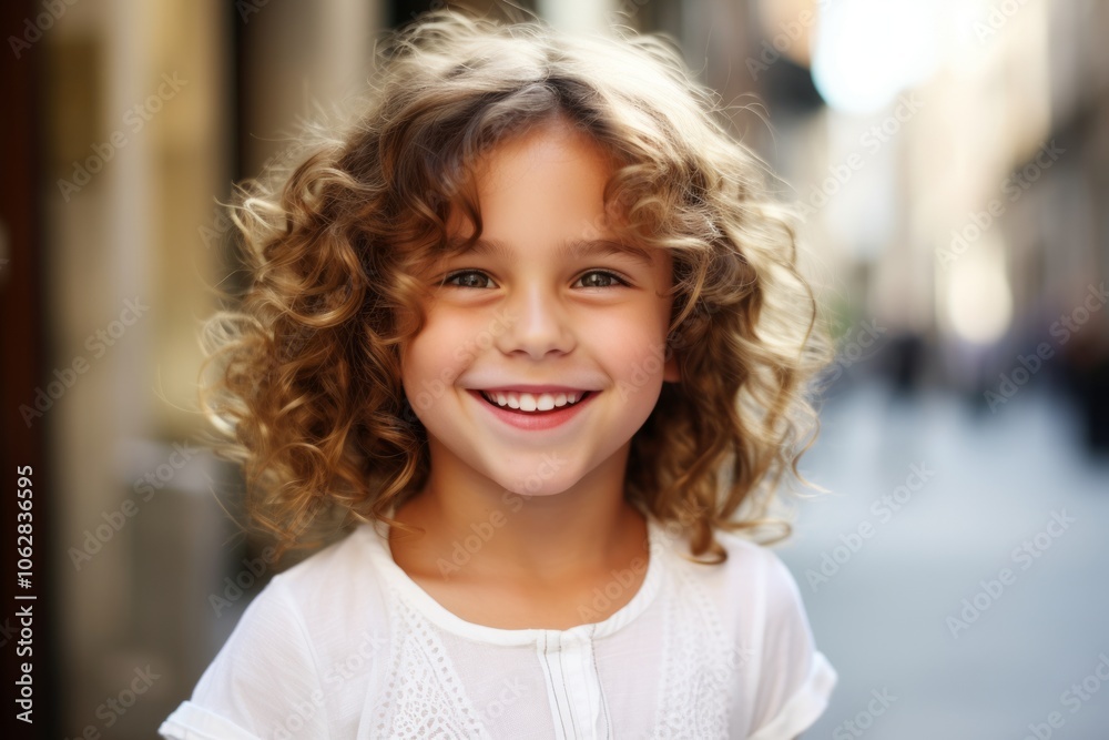 Portrait of a smiling little girl with curly hair in the city Portrait of a smiling little girl with curly hair in the city