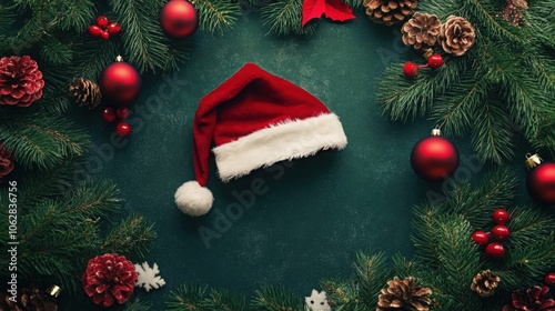 Green background with a Santa cap laid flat, top view. photo