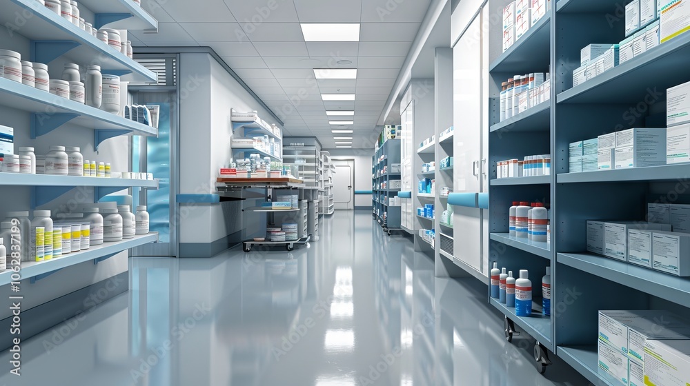 A hospital pharmacy with shelves stocked with medication and supplies
