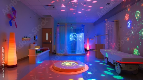 A hospital sensory room equipped with calming lights and sensory tools for patients with autism or sensory sensitivities