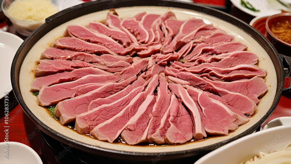 Thinly sliced lamb prepared for hotpot at dinner Thinly Sliced Lamb for Hotpot wooden table background, Thinly sliced lamb prepared for hotpot at dinner Thinly Sliced Lamb for Hotpot wooden table background,