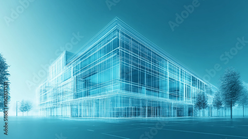 Modern high-rise building featuring glass panels for a symmetrical city skyline view Abstract Glass Skyscraper Cityscape in Blue Hues