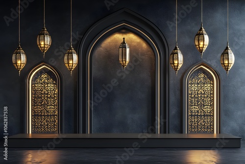 Arabic Ramadan portal, Window on modern wall background. Design creative concept of islamic celebration day ramadan kareem or eid al fitr adha, copy space text area, 3D illustration
 photo