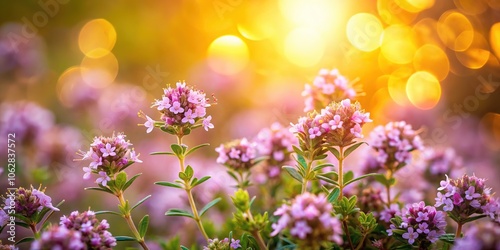 Soft focus blurs reveal the ethereal beauty of purplepink thyme flowers in macro detail. photo