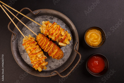 Delicious Crunchy Korean Style Chunky Potato Corndogs and Mozarella Corndogs. 