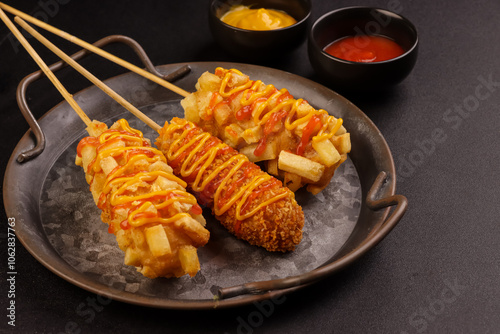 Delicious Crunchy Korean Style Chunky Potato Corndogs and Mozarella Corndogs. 