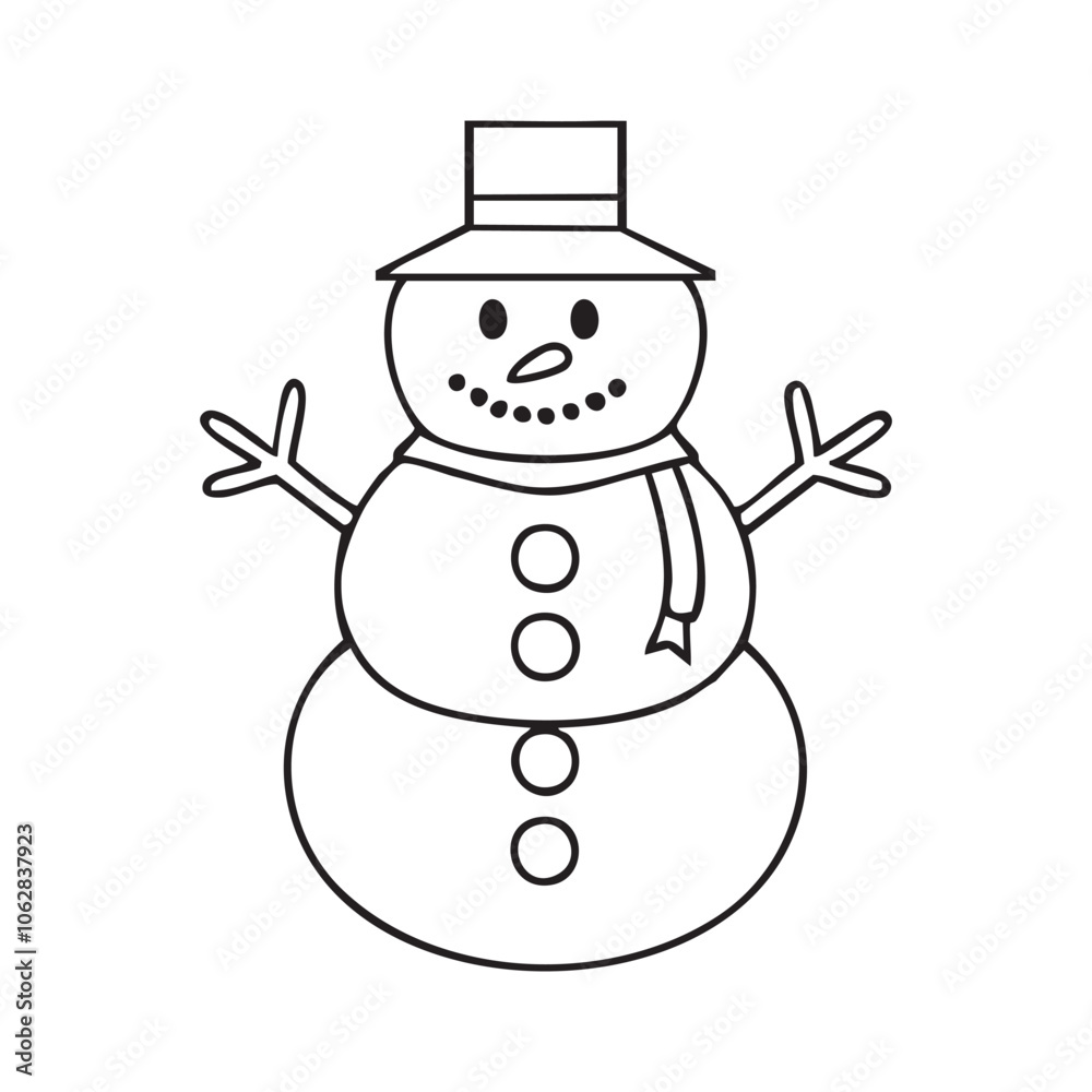Simple black and white outline illustration of a cheerful snowman with a scarf, hat, and stick arms Simple black and white outline illustration of a cheerful snowman with a scarf, hat, and stick arms