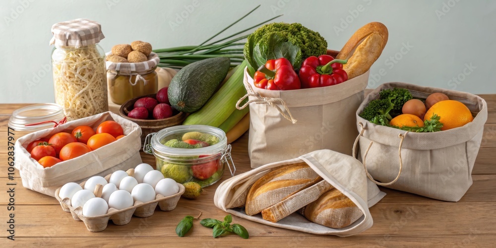 A Fresh and Healthy Grocery Haul Stored in Reusable Cloth Bags on a Wooden Table A Fresh and Healthy Grocery Haul Stored in Reusable Cloth Bags on a Wooden Table