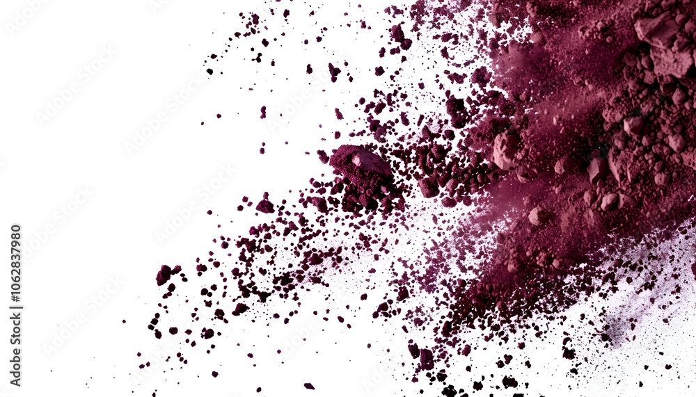 Burgundy soil burst suspended in mid-air, with intricate patterns of dust and particles creating a vibrant display against a white background. 40k, full ultra hd, high resolution Burgundy soil burst suspended in mid-air, with intricate patterns of dust and particles creating a vibrant display against a white background. 40k, full ultra hd, high resolution